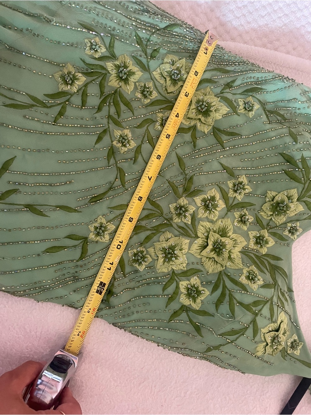 Rare VTG 100% Silk Sue Wong Fairy floral beaded Lime Green Dress w/ Silk Scarf - Picture 15 of 16